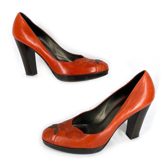 Isabella Fiore Red Leather Pumps Embellished Retro Platform High Heels Almond 7